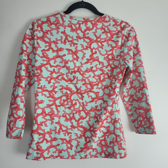 J. Mclaughlin Long Sleeve Top XS Womens Spandex Blend Light Blue Red Print - Picture 9 of 10